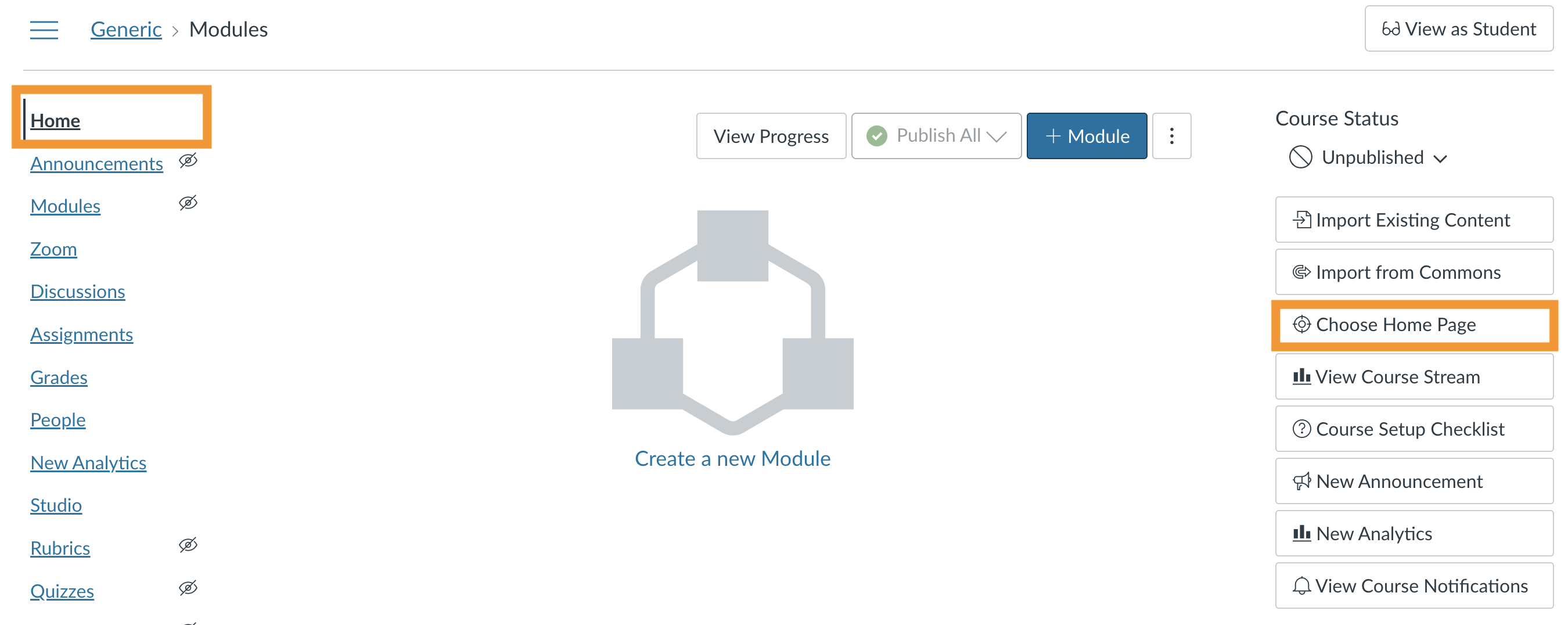 Empty home page highlighting Choose Home Page button